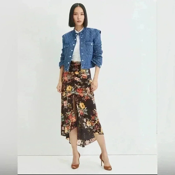 NWOT Veronica Beard Pixie ruched floral print satin midi skirt in Oxblood - Picture 2 of 8
